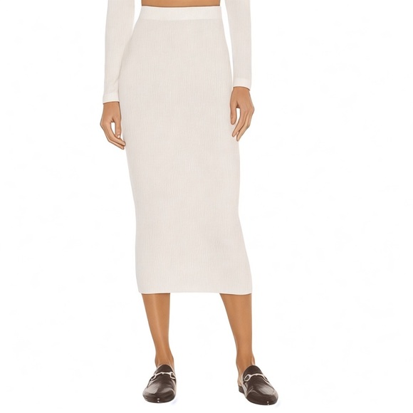 ENZA COSTA XS WINTER WHITE RIBBED MIDI PENCIL SKIRT MINIMALIST LUXURY STYLE - Picture 1 of 12